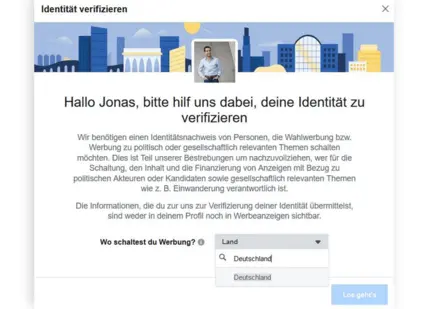 Politische Autorisierung im Business Manager: Identität verifizieren, Land auswählen